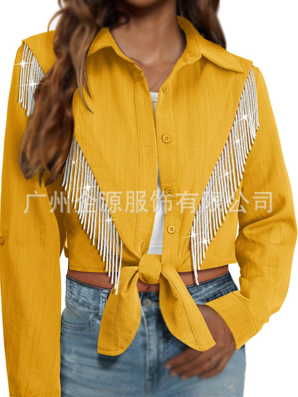 跨境欧美2025亚马逊秋季新款长袖流苏衬衫翻领纯色短款系带衬衣女|undefined