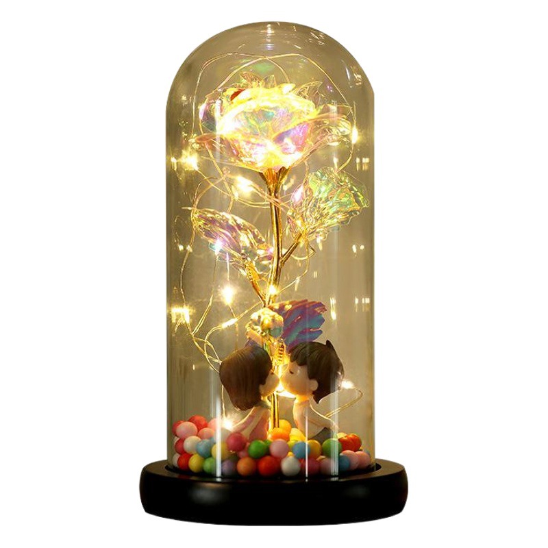 Regalo de San Valentín, Flor de Oro de 24k Colorida, Rosa Eterna Iluminada con Cúpula de Cristal, Caja de Regalo