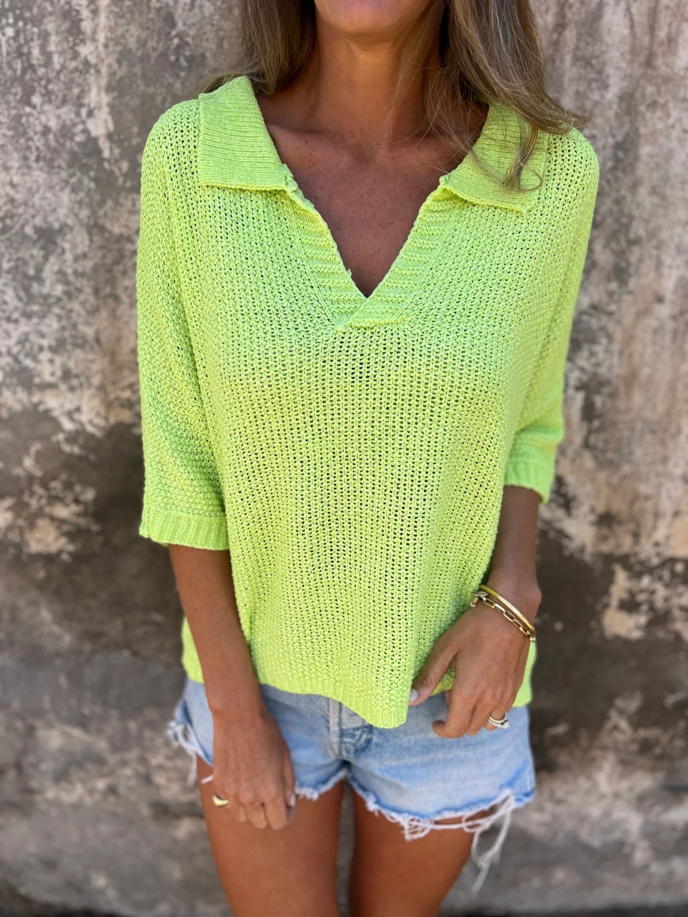 Damen-Sommer-Strickpullover mit Kragen, Dreiviertelärmeln, einfarbig_voghion.com