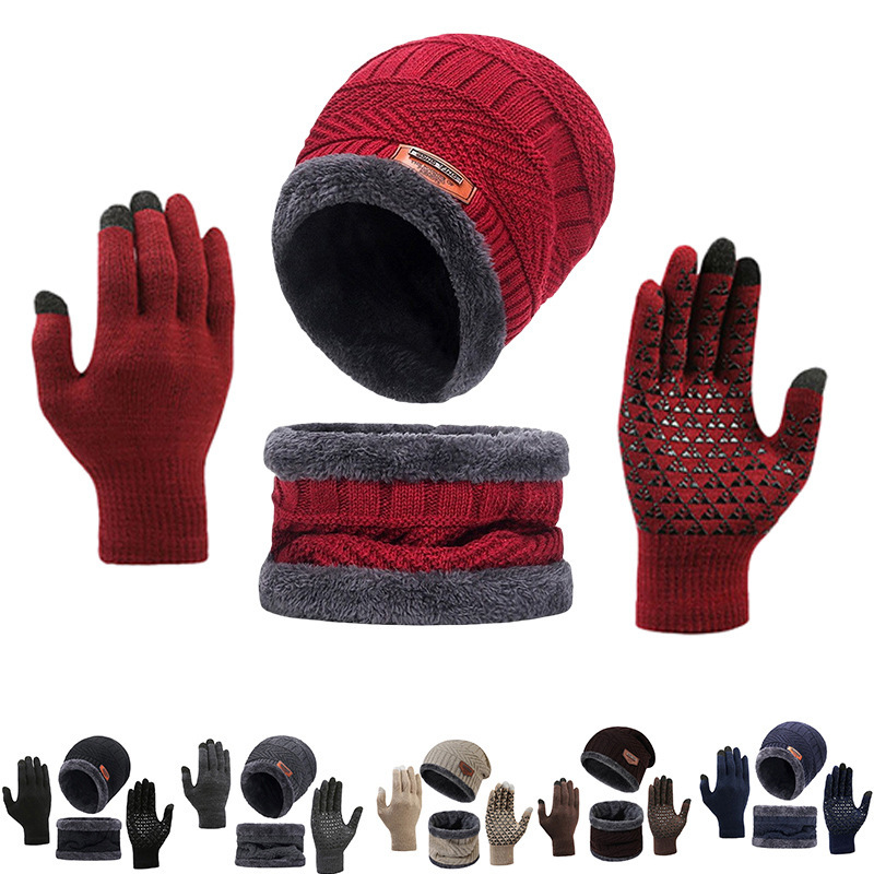 Knitted Hat Cross-Border Set with Scarf and Gloves, Three-Piece Set, Warm Woolen Hat, Touchscreen, Non-Slip, Adult, Cold-Proof, Versatile