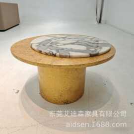 轻奢金箔大理石圆茶几 天然大花白大理石茶桌 酒店会所软装茶几