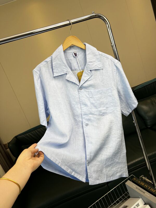 100%亚麻！ 经典古巴领！夏季男士外贸纯色休闲透气宽松短袖衬衫|undefined