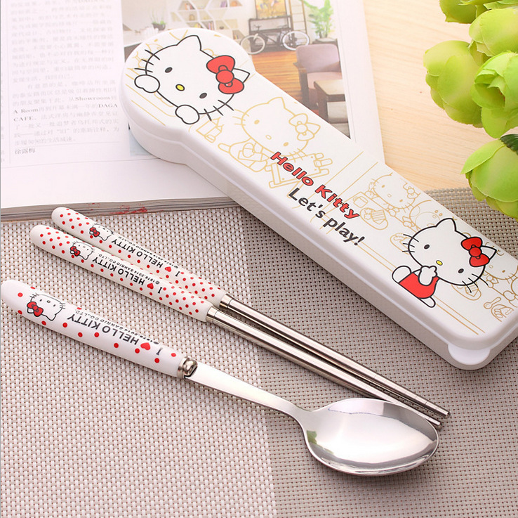 Cartoon Tableware suit Spoon Chopsticks Fork Tableware Box Student Dining Spoon Ladies Cute Stainless Steel Soup 1