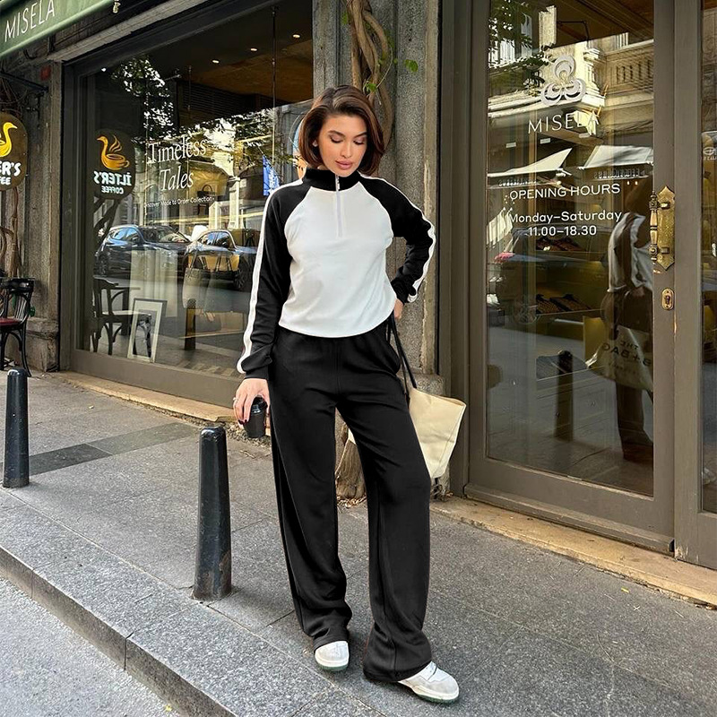211475 Spring Autumn New Cross-Border European And American Color-Block Long-Sleeve Zipper Sweatshirt Women's Fashion_ecoleips.com