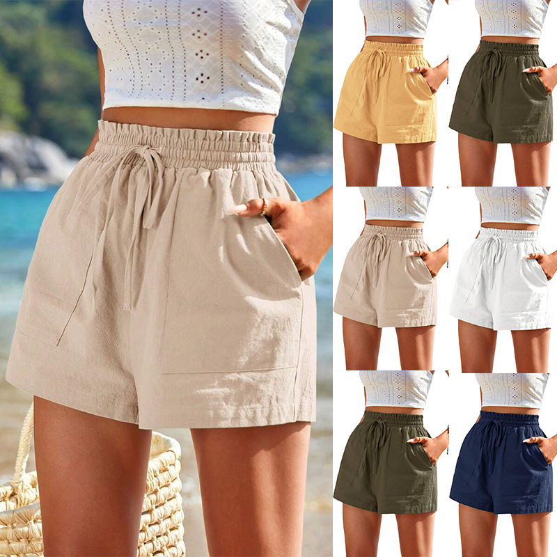 European and American Cross-border Spring and Summer New Cotton and Linen Drawstring High Waist Amazon Women's Wide Leg Loose Casual Comfortable Shorts for Women