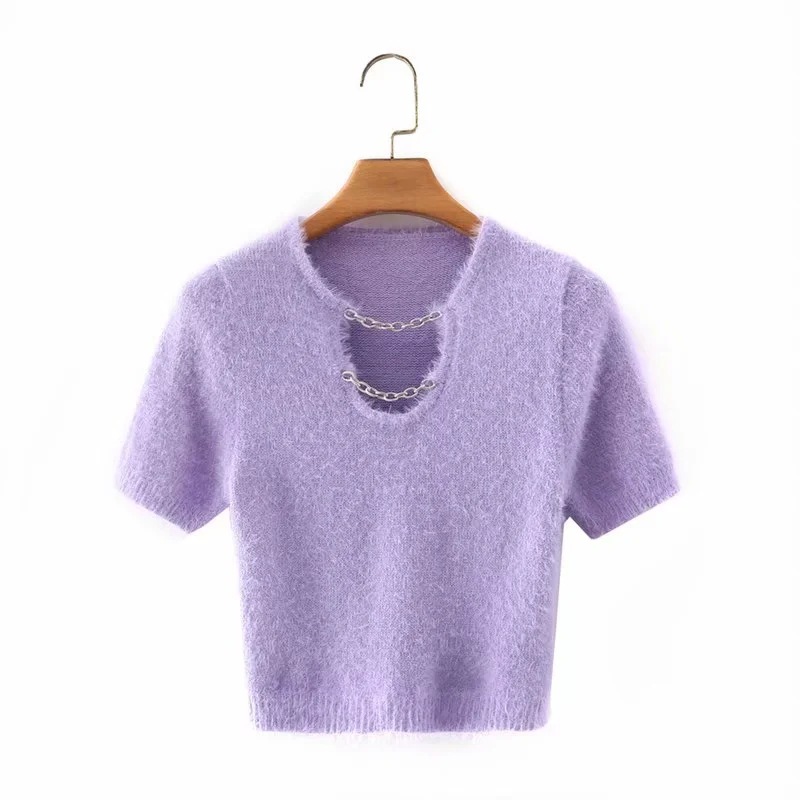 Chain decor fluffy short sweater NSHS46898