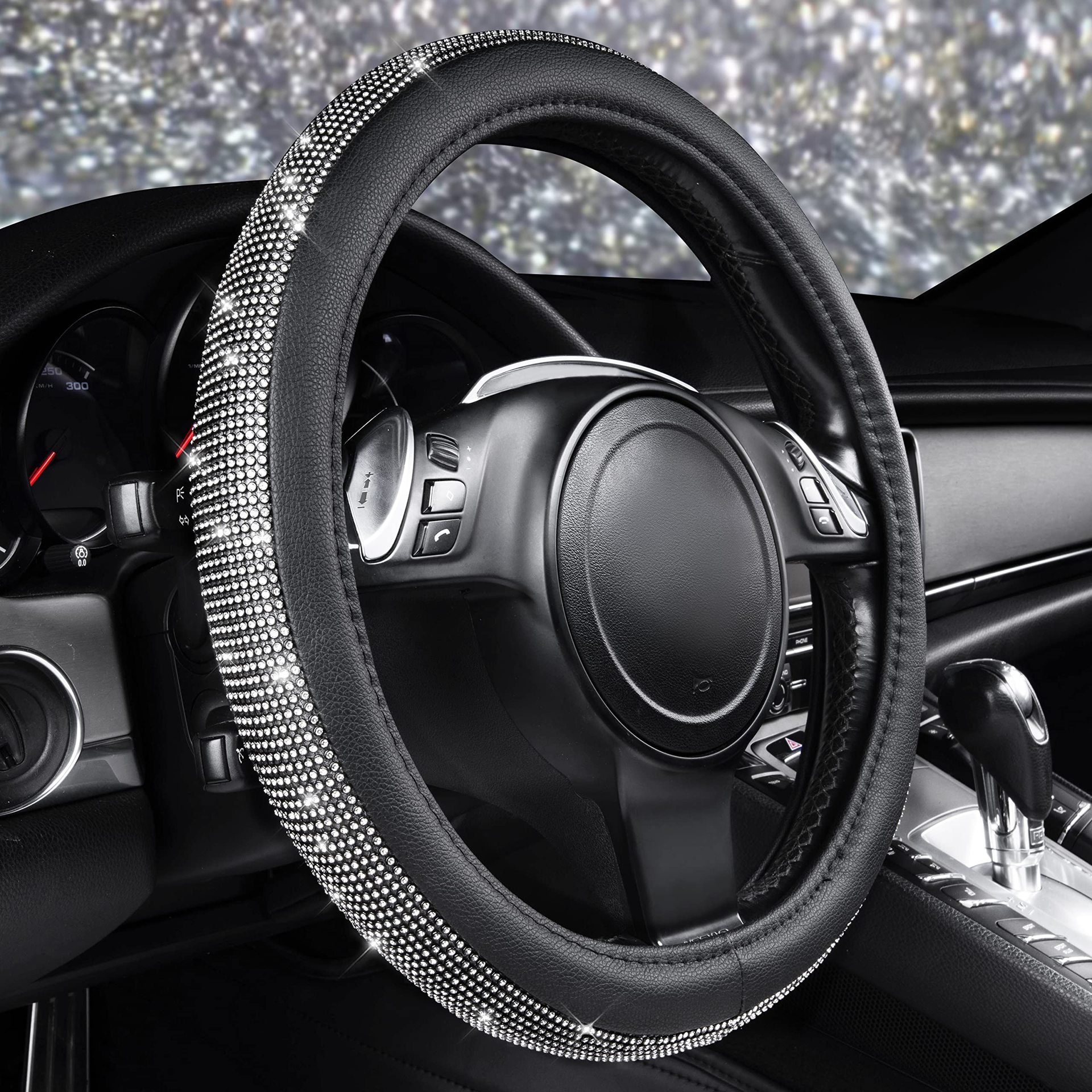 Source Factory Cross-Border Rhinestone-Embellished Leather Steering Wheel Cover Amazon Hot-Selling Rhinestone Car Steering Wheel Cover with Inner Ring and Rhinestones