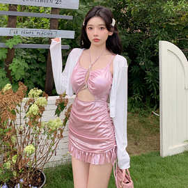 新款连体泳衣女修身甜美少女设计感带罩衫防晒辣妹跨境一件代发
