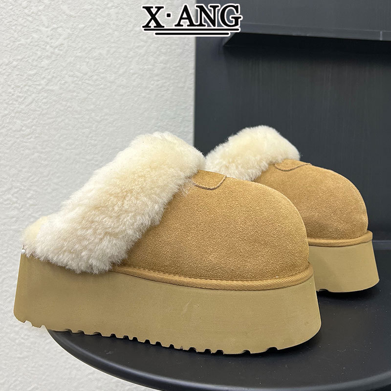 Sanpo Sheepskin Integrated Snow Boots for Women, Plush Thickened Warm Cotton Shoes, Thick-Soled Height-Increasing Birkenstock Shoes, Furry Slippers