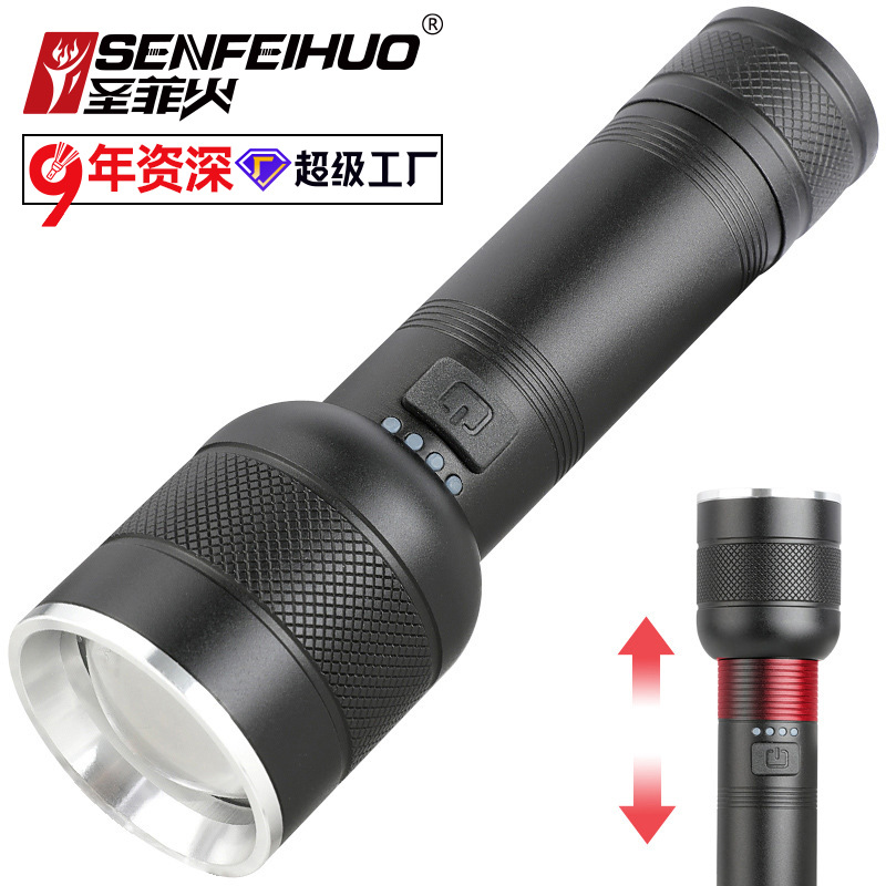 跨境新款P50强光26650手电筒 户外照明电显 USB充电伸缩手电筒|ru