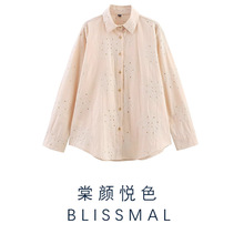 2025夏季新款欧美风时尚重工刺绣翻领包扣衬衫长袖休闲百搭轻奢