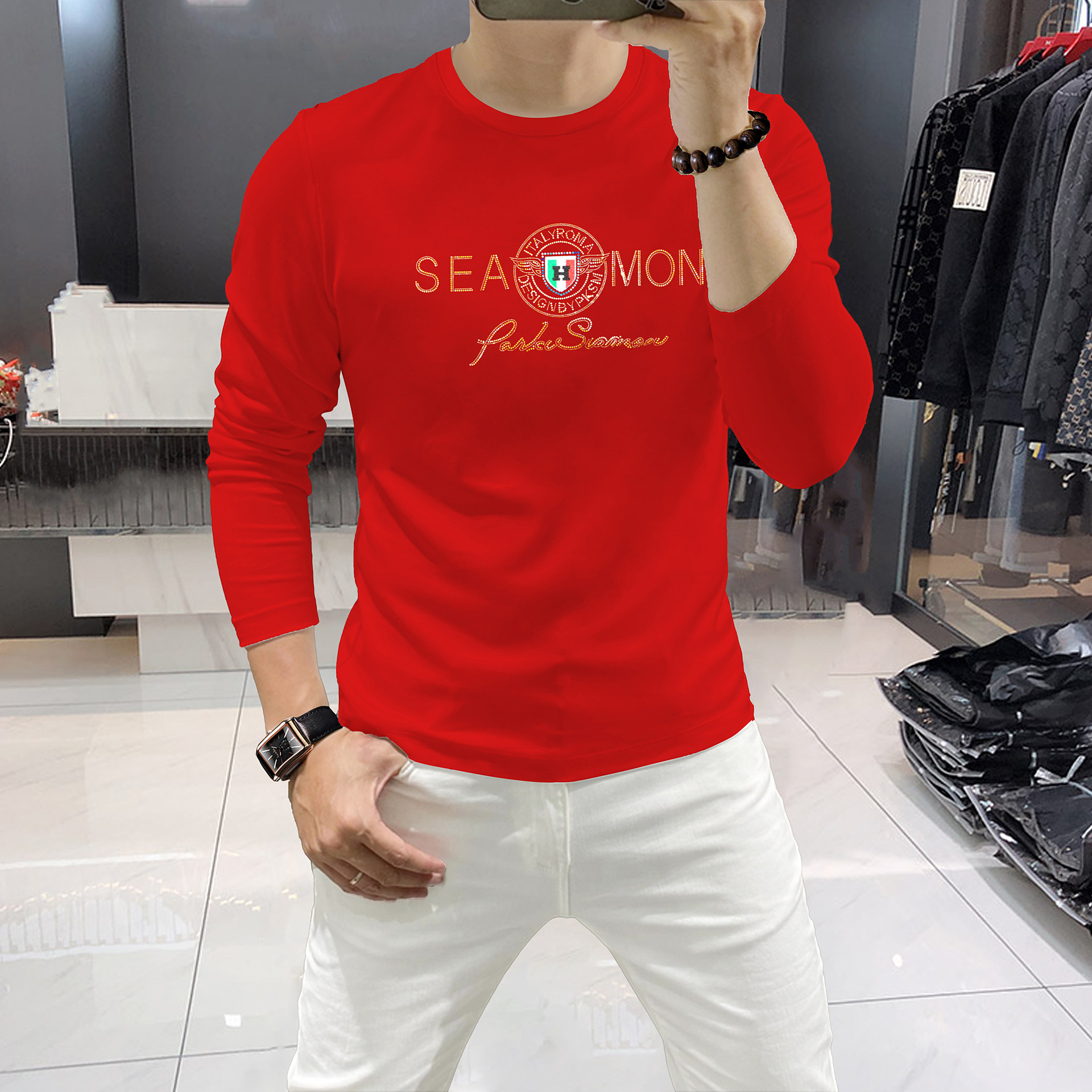 European Brand Fashion Rhinestone Long Sleeve T-Shirt for Men Round Neck Shirt Spring Autumn Bottoming Shirt Comfortable Cotton T Shirt Men's Top_voghion.com