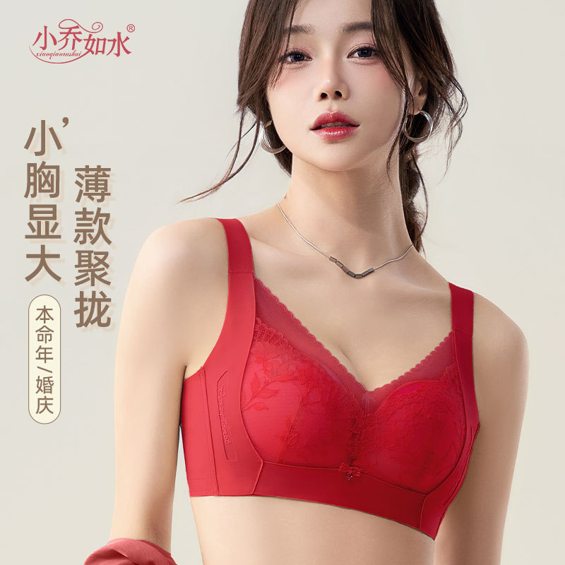 Red Lingerie for Small Busts, Push-Up, Side Support, Lace, Adjustable, Wireless, Red Bra for Women in Their Zodiac Year