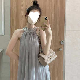 挂脖连衣裙女装2025新款韩版重工钉珠进口手工奥钻气质无袖裙子潮