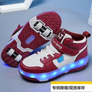 Dingjian new high-top children's walking shoes four-wheel deformation skates LED luminous wheel shoes factory direct sales