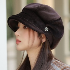 秋冬韩系M标小香风复古八角帽户外保暖时尚气质翘檐鸭舌中老年帽