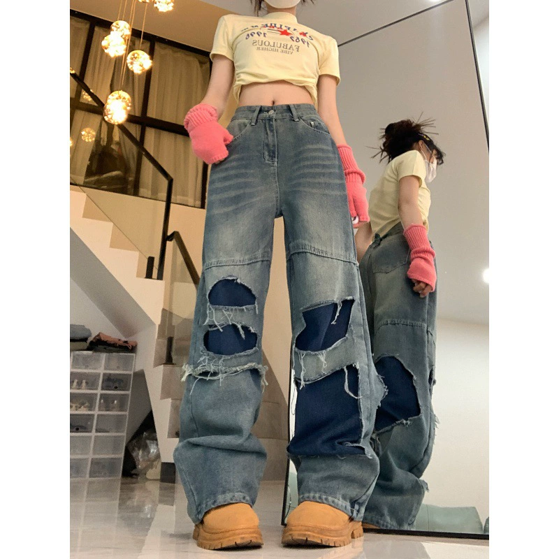 Реже цена!!! Ретро дизайн ощущение дыры, сшитая шерстяная окантка джинсы женские прямые свободные брюки