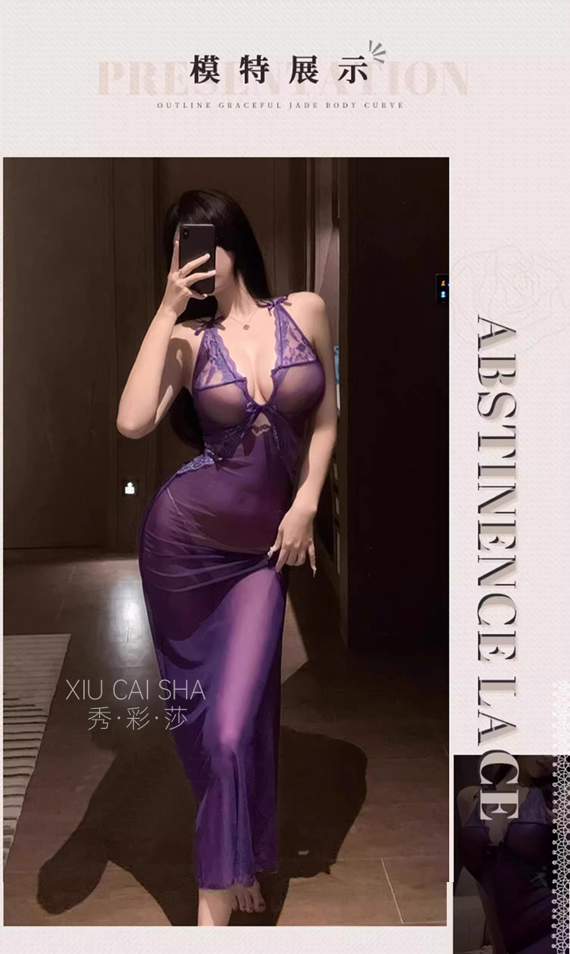 Deep V Lace Mesh Babydoll Nightgown with Suspenders and Bow, Purple One Size — detail image 5