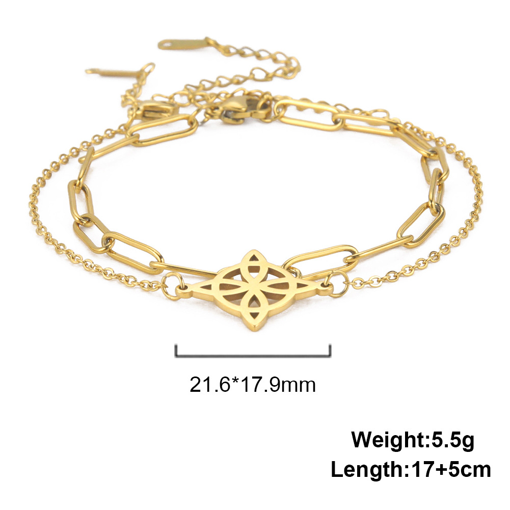 Hot Sale Double-layer Twin Welding With Cross Chain Combination Hollow Four-petal Leaf Small Round Pendant 304 Stainless Steel Bracelet display picture 9