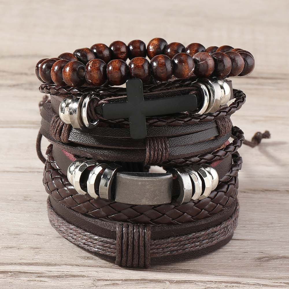 Retro Cross Pu Leather Wooden Beads Handmade Unisex Bracelets display picture 5