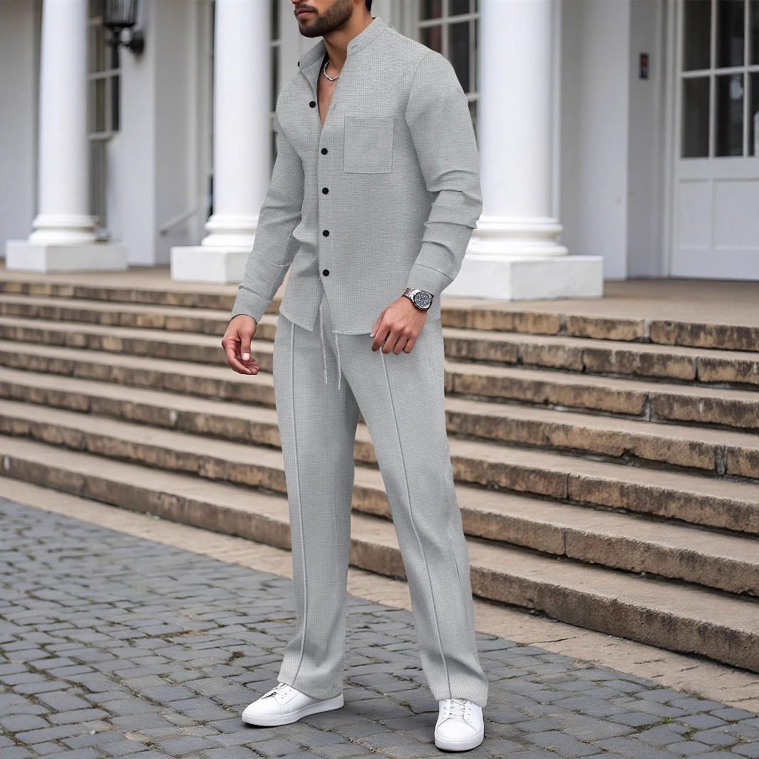 K Men's New Waffle Solid Color Stand Up Collar Cardigan Shirt Long Sleeved Pants Casual Suit_viptrois.com