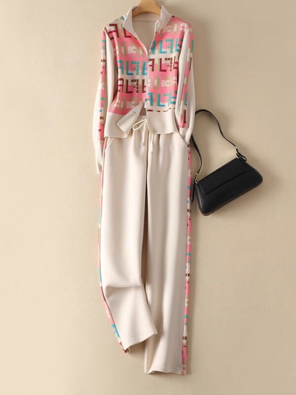 Casual Socialite High-End Elegant Suit with F Letter Print Double Zipper Jacket and Wide-Leg Pants Two-Piece Set