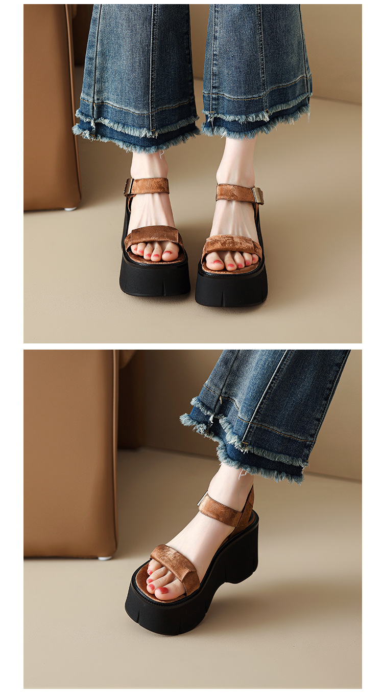 Sandal cao gót nữ phong cách Pháp cổ điển đế xuồng tăng chiều cao hở mũi khóa kim loại — màu nâu, màu đen, màu trắng ngà chi tiết 9