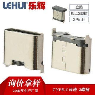 立式2脚贴片TYPE-C母座 板上2Pin立贴直插立式焊线式充电插座