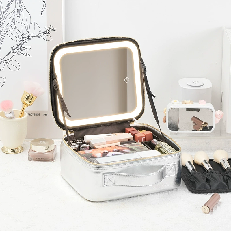 Table storage box with light, mirror, handheld cosmetic bag, purse, organizer bag