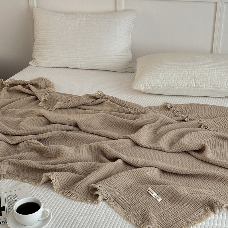 Pure Cotton Maillard color gauze blanket pure cotton tassel light luxury simple lunch break blanket class A air conditioning towel quilt