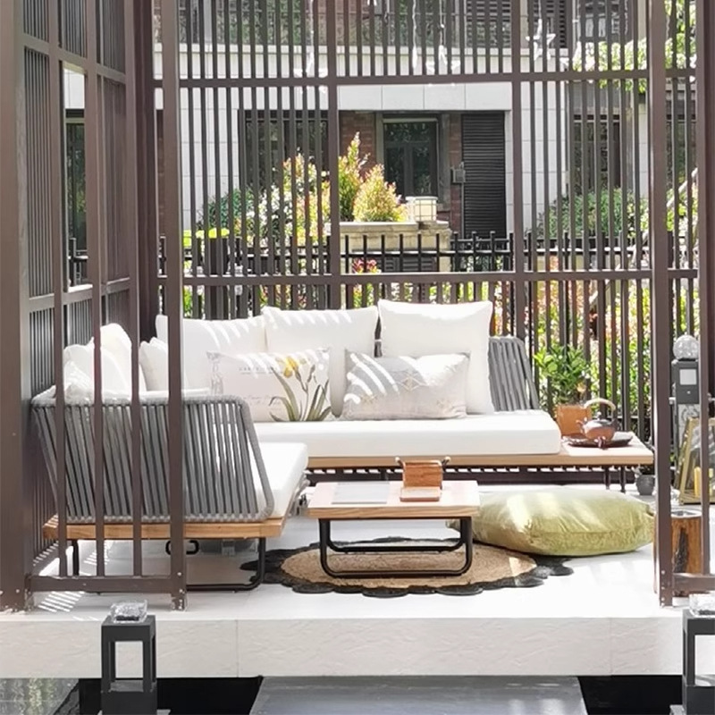 Muebles de ocio al aire libre nórdicos patio balcón al aire libre jardín al aire libre impermeable solar madera maciza sofá de caña combinación
