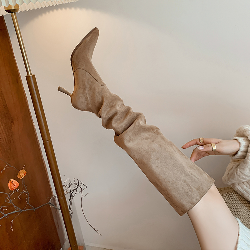French style khaki elegant pointed high heel suede American wide high pile boots loose long boots for women