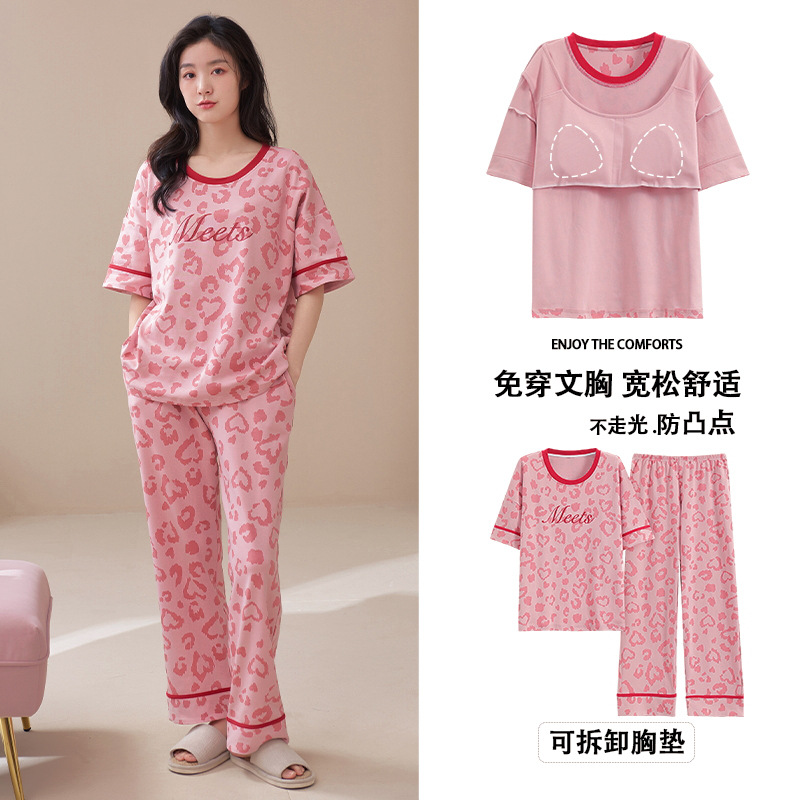 Pijamas de algodón de las mujeres de dibujos animados estilo lindo con almohadilla en el pecho pantalones de manga corta traje ropa de abrigo suelta ropa de mujer
