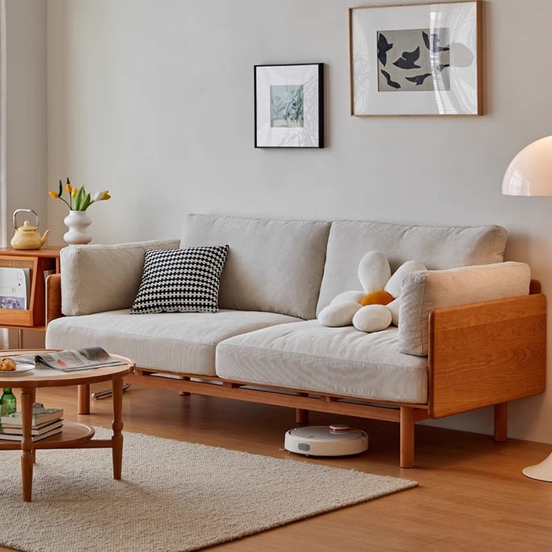 Nordic Solid Wood Sofa Fabric Living Room Modern Simple Small Apartment Single Three-Person Winter and Summer Dual-Use Leather Art Sofa