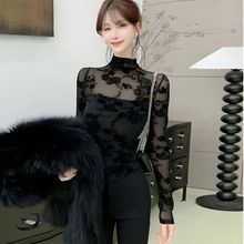 韩版女士网纱秋冬长袖高领上衣新款洋气时尚印花打底修身小衫减龄