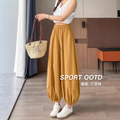 女性用リネンワイドレッグパンツ、女性用夏用薄手レギンスカジュアルパンツ、アイスシルクコットン麻バドブルマ、レイジースタイルパンツ