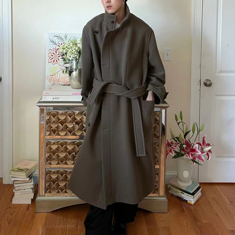 high quality Lem * Belted Wool Wool Lengthened Coat Women's Autumn and Winter Old Money Style Lace-up Thickened Coat