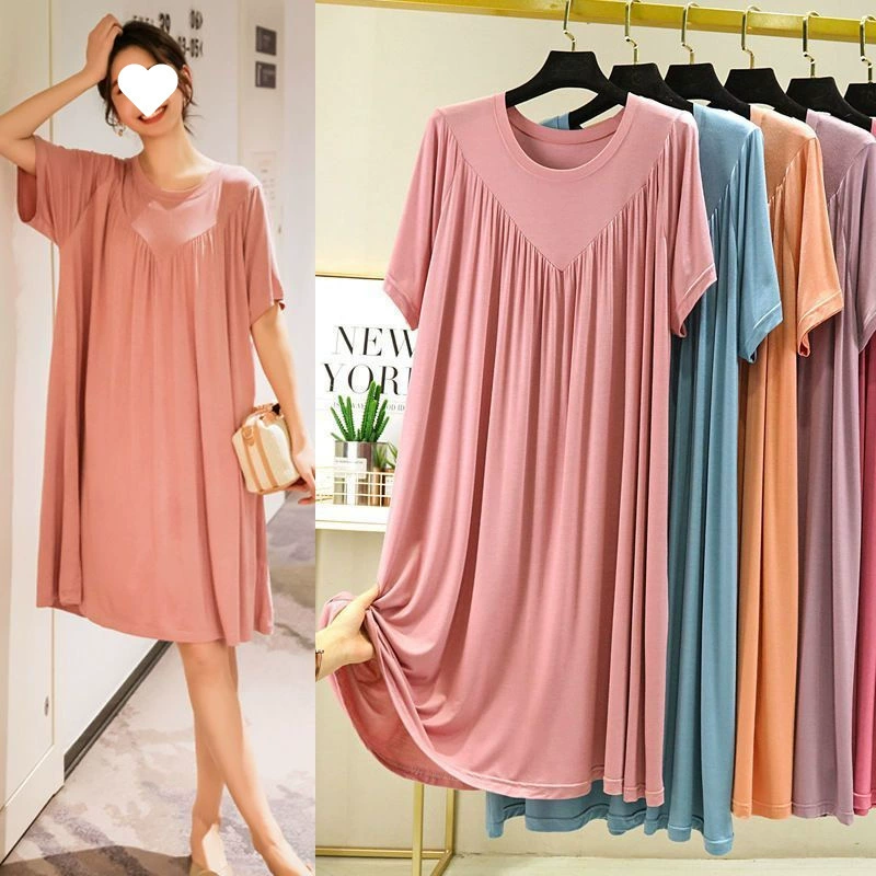 Летняя ночная рубашка больших размеров из модала для женщин, свободная плиссированная тонкая пижама большого размера с круглым вырезом, весенне-летняя домашняя одежда.