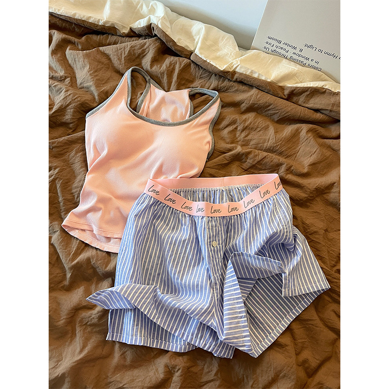Sweet Style Pink Soft and Cozy Pajamas with Chest Pads for Women, Summer 2026 New Slim-Fit Camisole and Shorts Loungewear Set