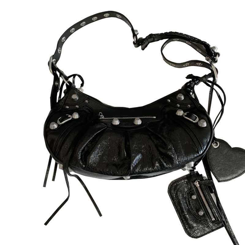 2024 New Mini Motorcycle Bag Underarm Bag Studded Tassel 3-In-1 Crescent Pleated Cowhide Shoulder Crossbody Bag For Women - Thumbnail 5