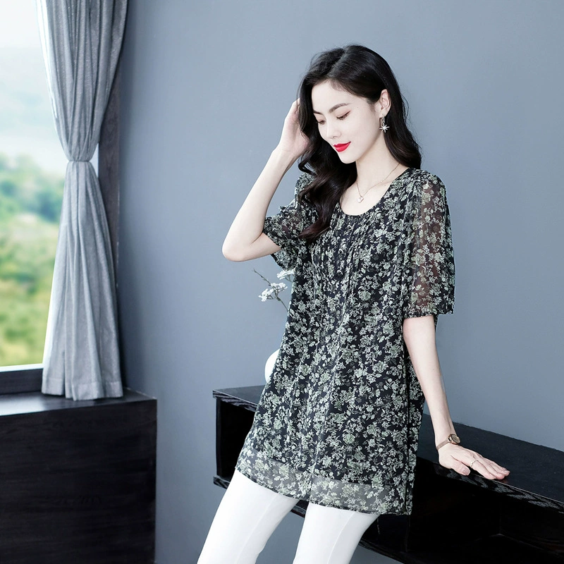 Летняя свободная универсальная рубашка с короткими рукавами больших размеров, легкая шифоновая рубашка принцессы с цветочным принтом, топ, одежда для полных девочек среднего и пожилого возраста