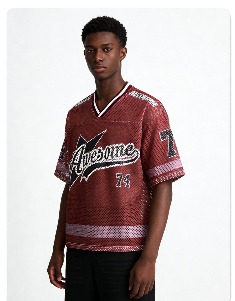 Herr retro v-ringad basket t-shirt i mesh material_voghion.com