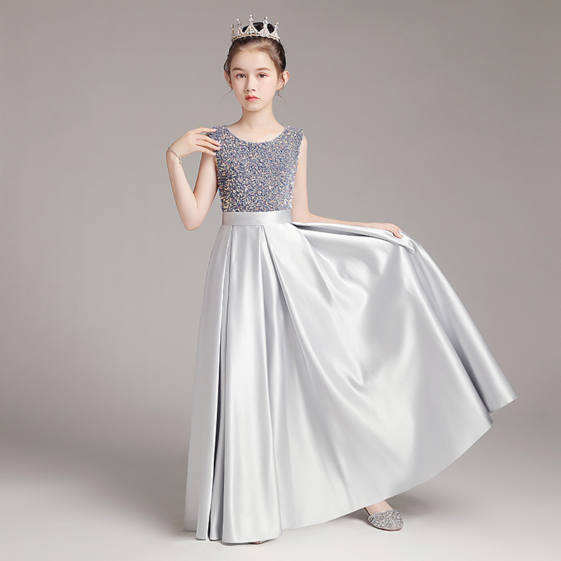 Concurso de piano para niñas vestido de noche traje de princesa vestido infantil anfitrión gris colorido cintura ajustada traje de rendimiento primavera