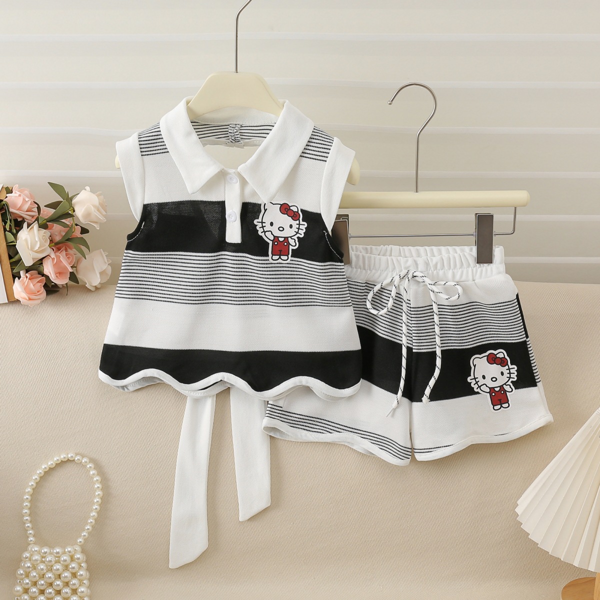 77517 Summer New Style Girls' Sweet and Cute Medium and Large Children's Style Stripesd Heart Tops and Shorts Two-Piece Suit