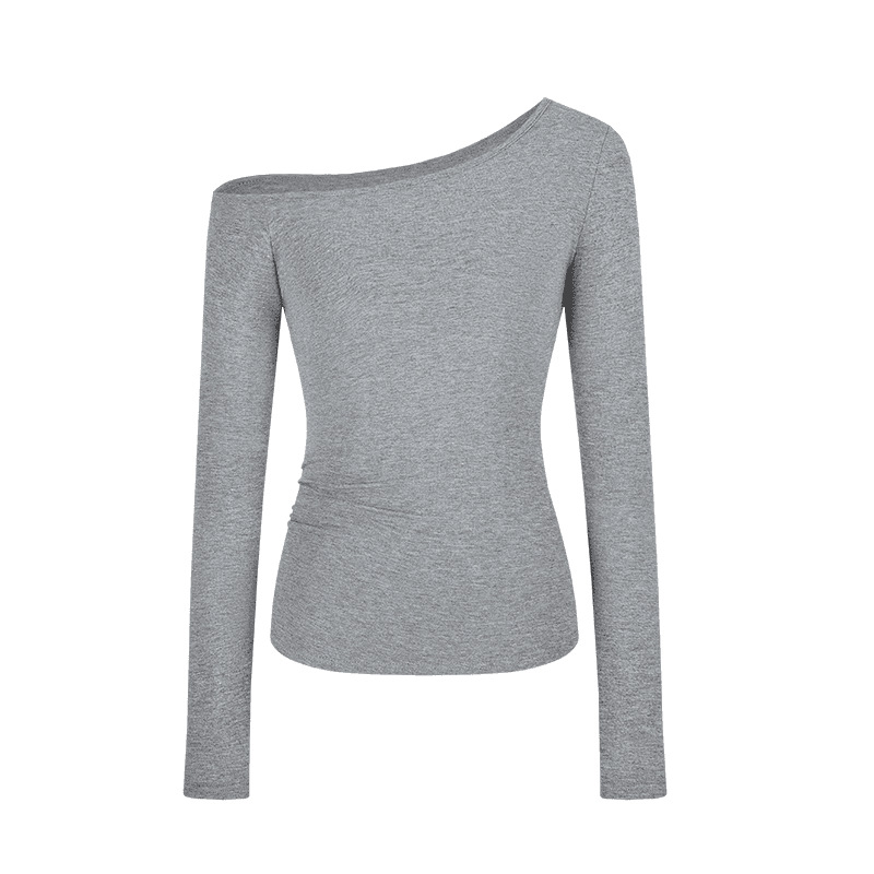 Camiseta de manga larga de hombro inclinado puro otoño y invierno nuevo diseño delgado de principios de otoño caliente sensación de moda de blusa universal
