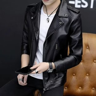 Men's leather jacket 2023 new spring trendy slim handsome Spring and Autumn Winter motorcycle jacket fleece-lined leather jacket