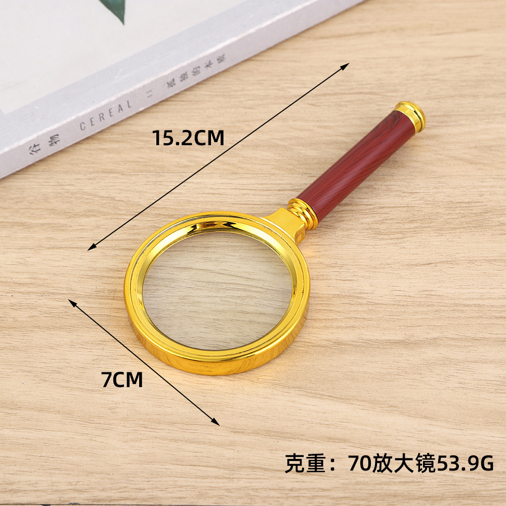 Lupa mano portátil HD, mango imitación rosa chapado oro, lectura grano madera, venta al por mayor.