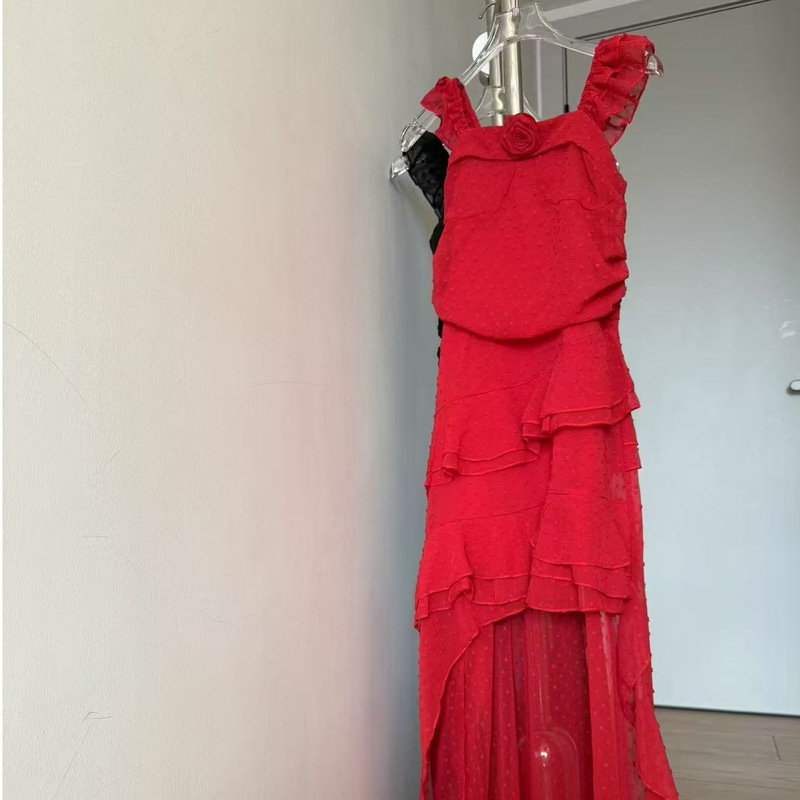 French Pure Lust Sexy Irregular Red Suspender Dress Women's Summer New Seaside Resort Style Slim Long Skirt