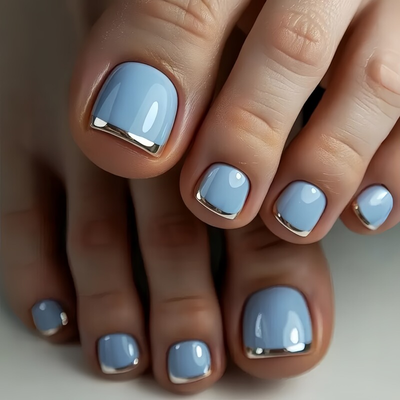 Light Blue Silver French-Style Toenails, Glossy Square-Shaped Fake Toenails, European and American Fashion Toenails Light Blue Silver French-Style Toenails, Glossy Square-Shaped Fake Toenails, European and American Fashion Toenails