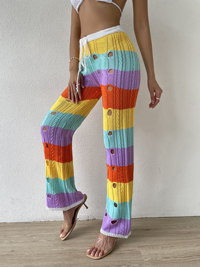 2022跨境新款間色鏤空針織長褲亞馬遜速賣通wish彩虹沙灘褲批發(fā)